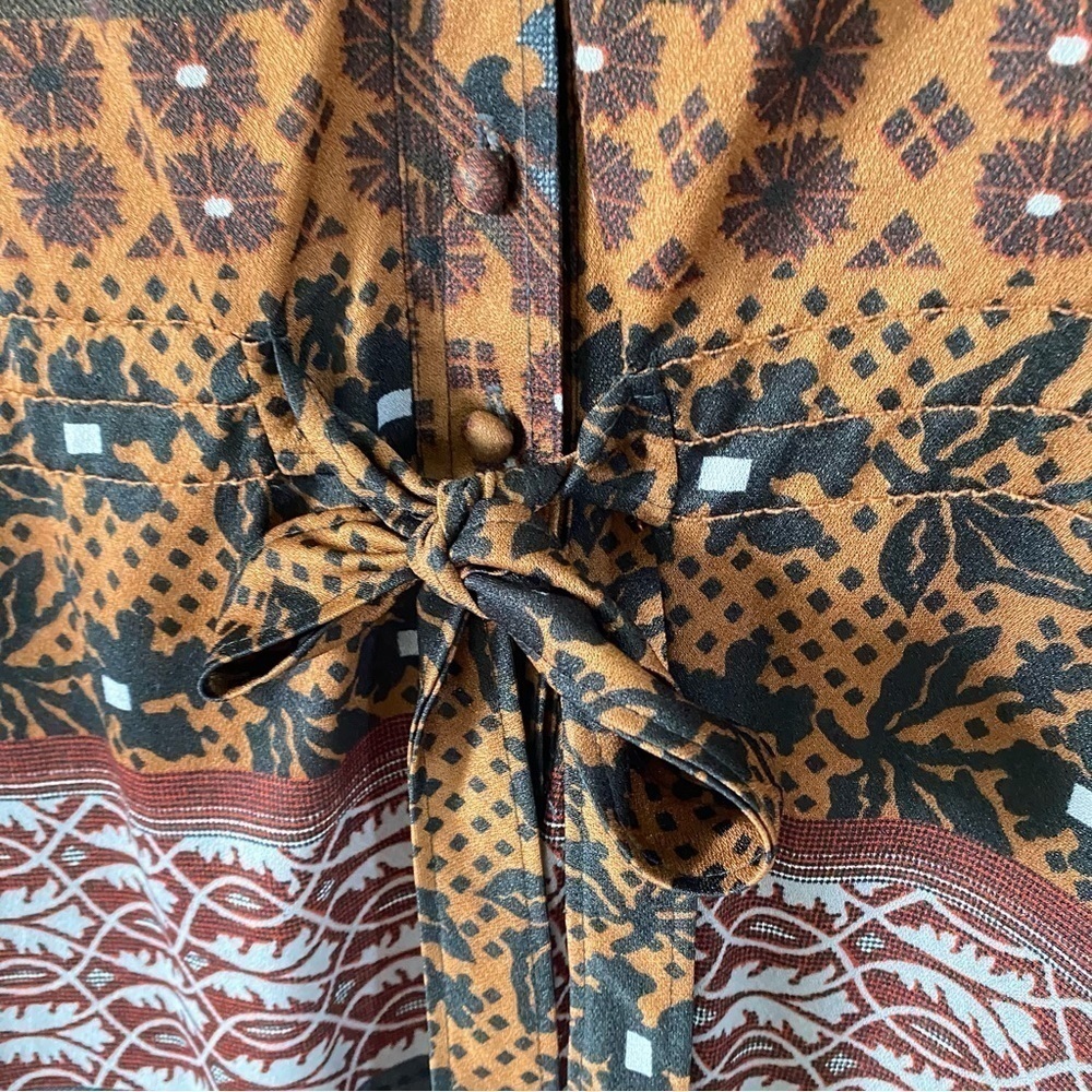 Vintage Geometric Floral Print Dress Brown Black Retro 60s 70s Womens Medium - Picture 4 of 9
